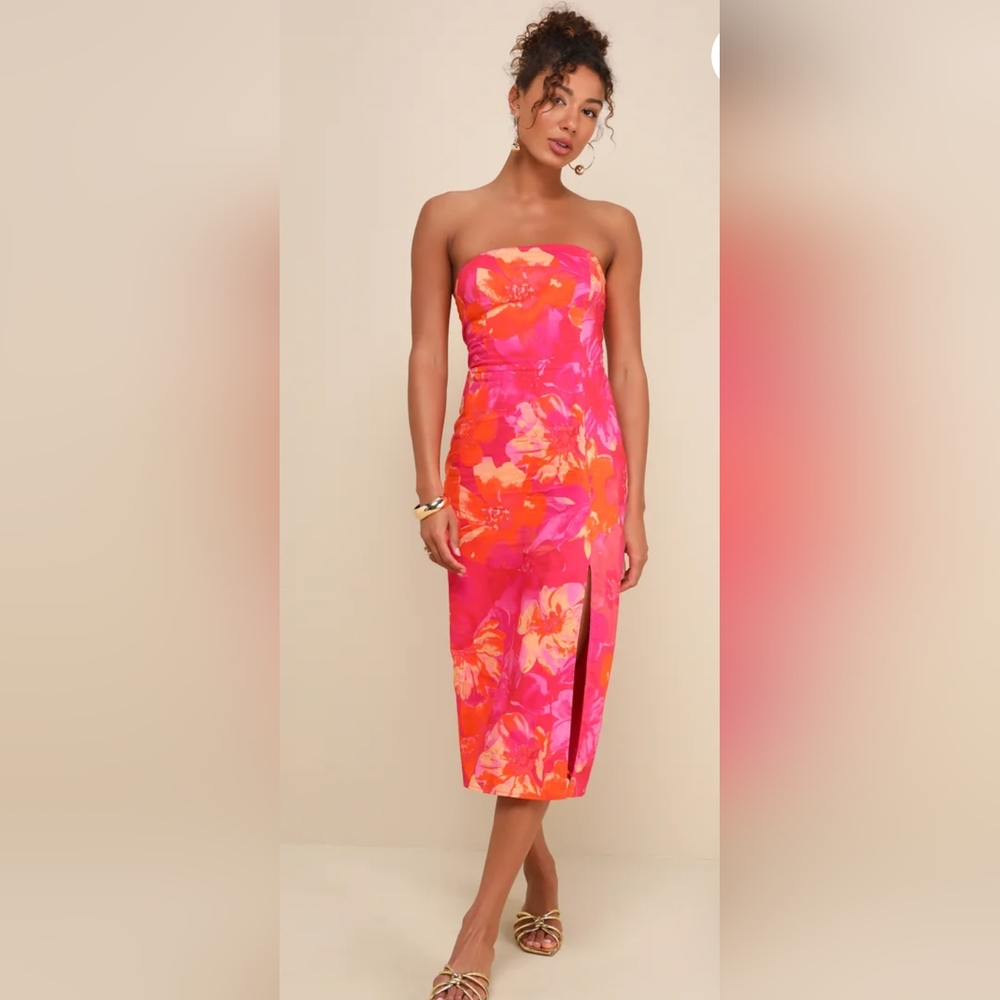 NWT Lulu's Bold Tendencies Fuschia Floral Strapless Midi Dress Size Medium - Picture 6 of 15